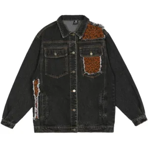 Letter Shaped and Leopard Patchwork Denim Jacket