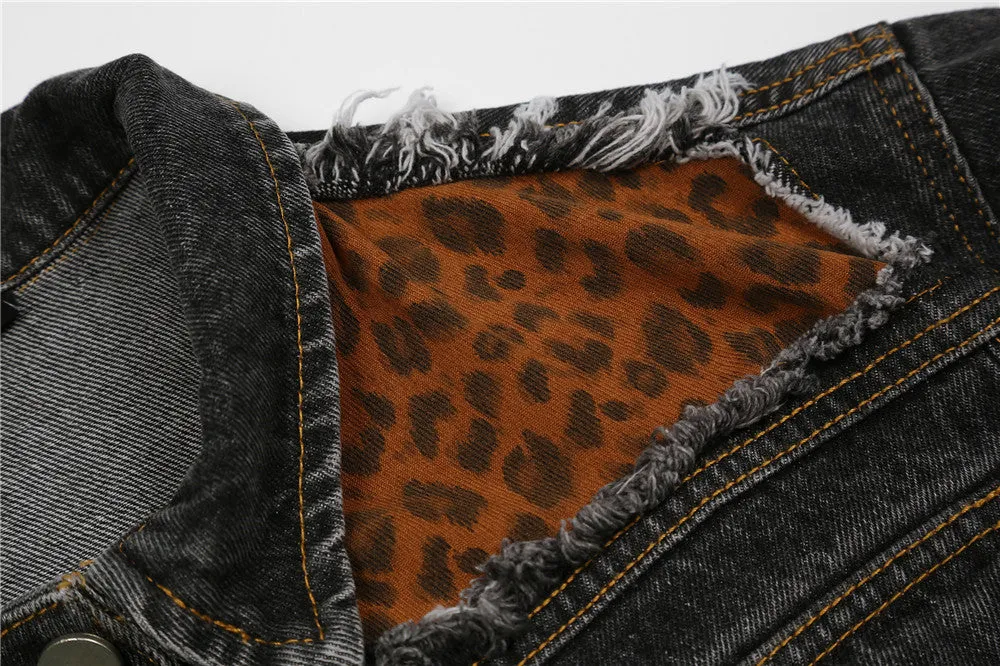 Letter Shaped and Leopard Patchwork Denim Jacket