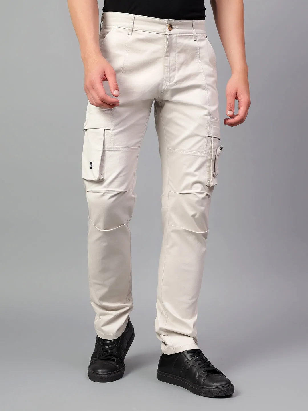 Men's Beige Solid Full Length Casual Cargo