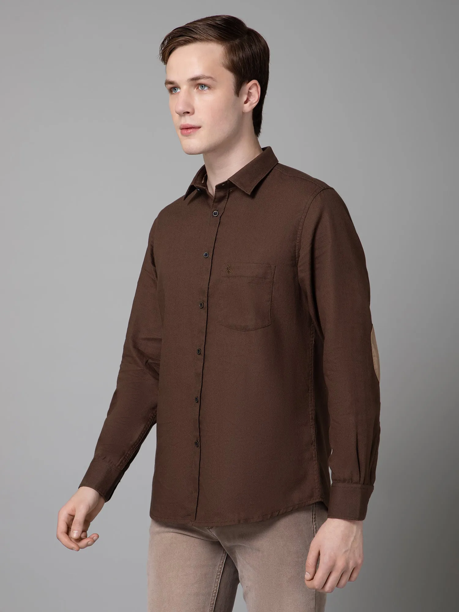 Men's Brown Casual Self Textured Full Sleeve Shirt