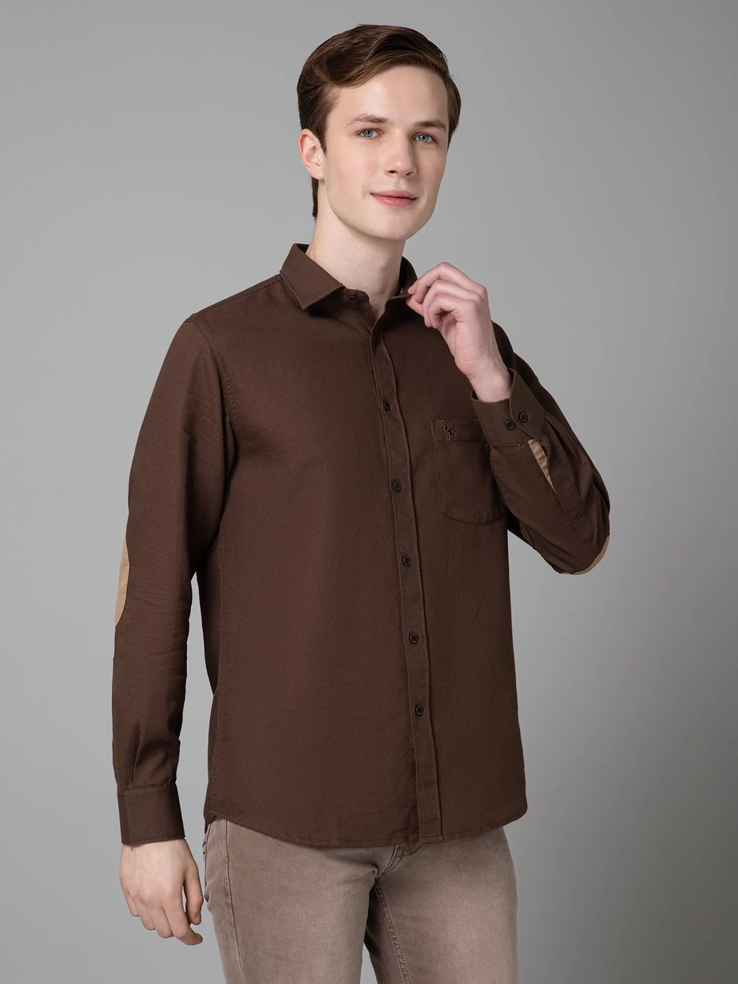 Men's Brown Casual Self Textured Full Sleeve Shirt