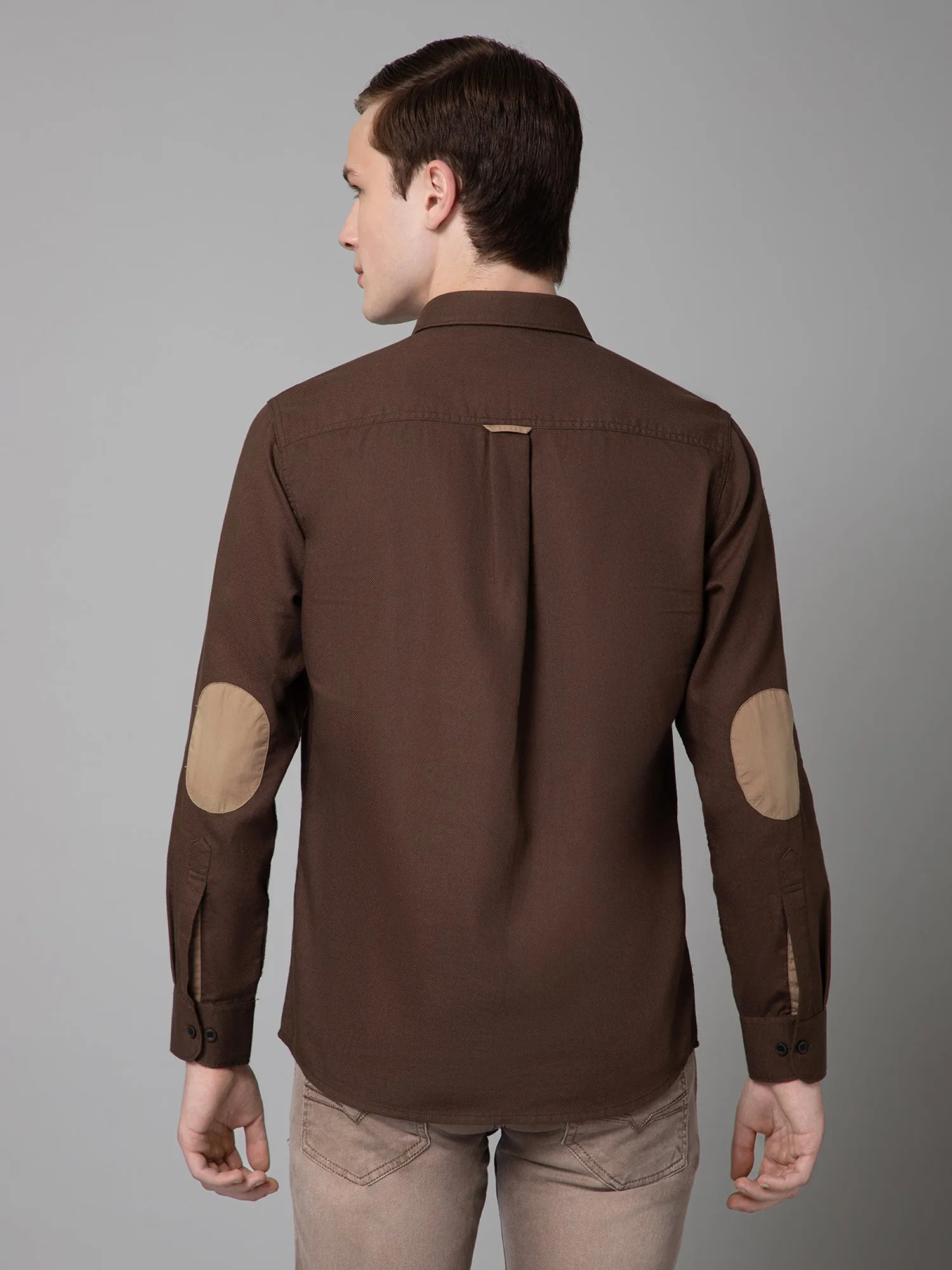 Men's Brown Casual Self Textured Full Sleeve Shirt