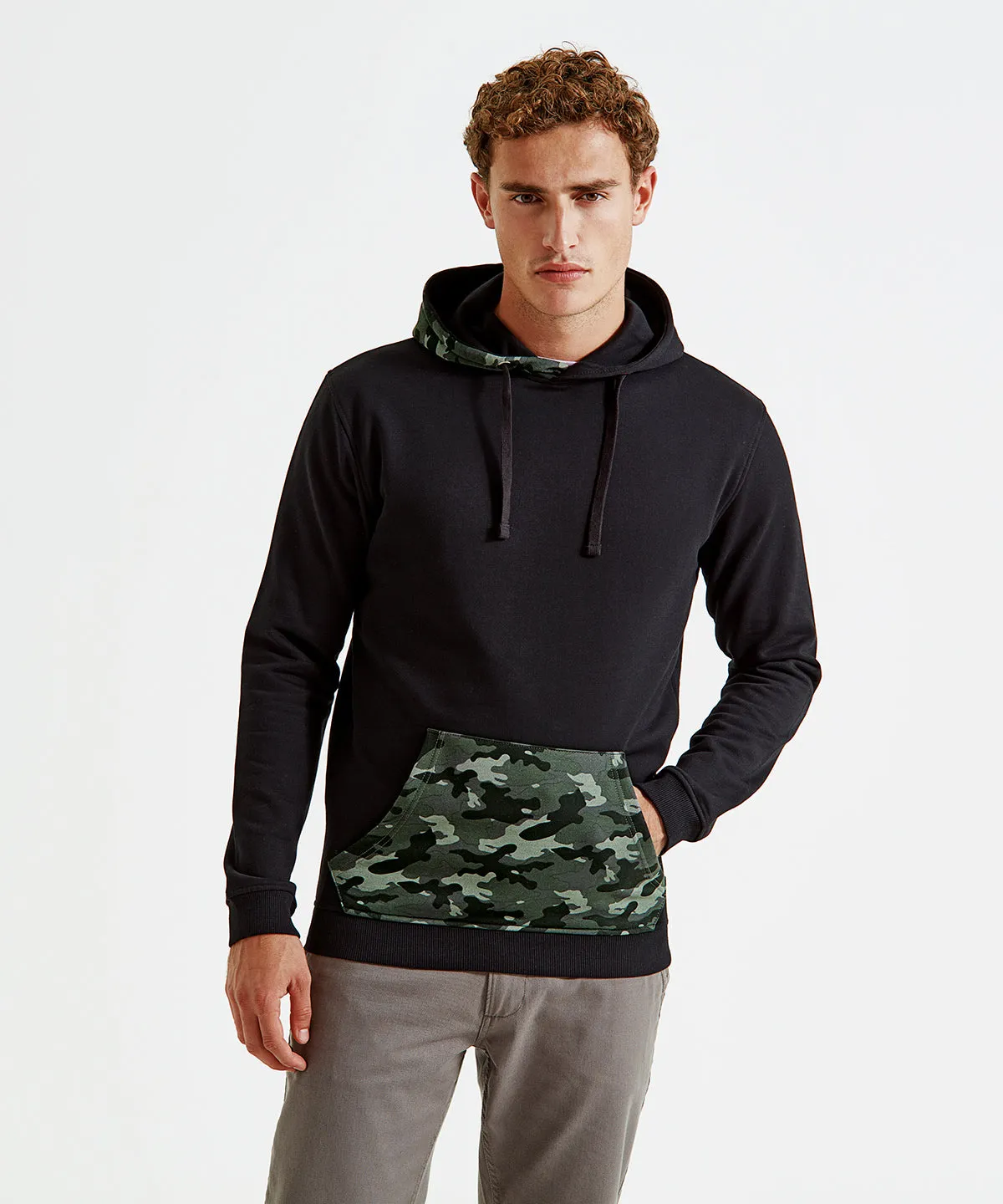 Mens camo trimmed hoodie | Black/Green Camo