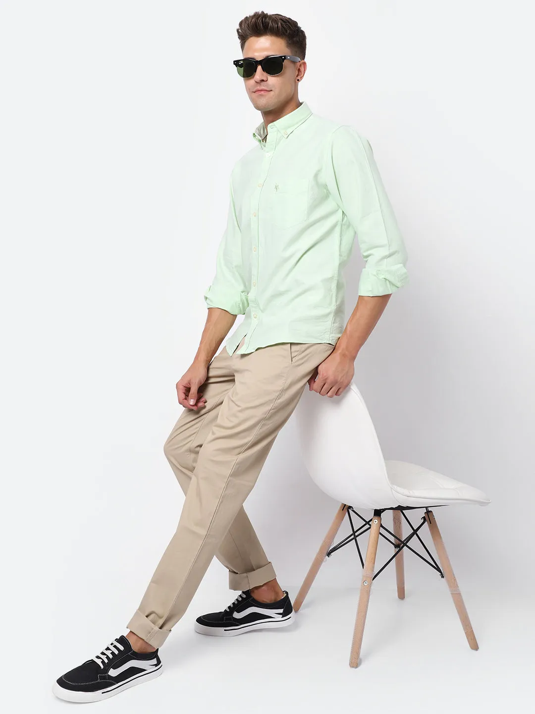 Men's Light Green Casual Plain Full Sleeve Shirt