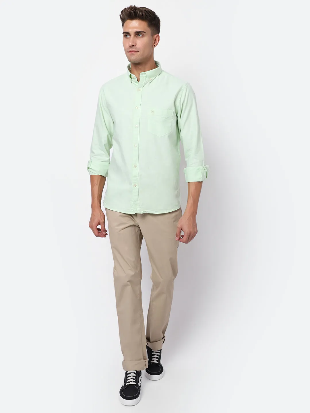 Men's Light Green Casual Plain Full Sleeve Shirt