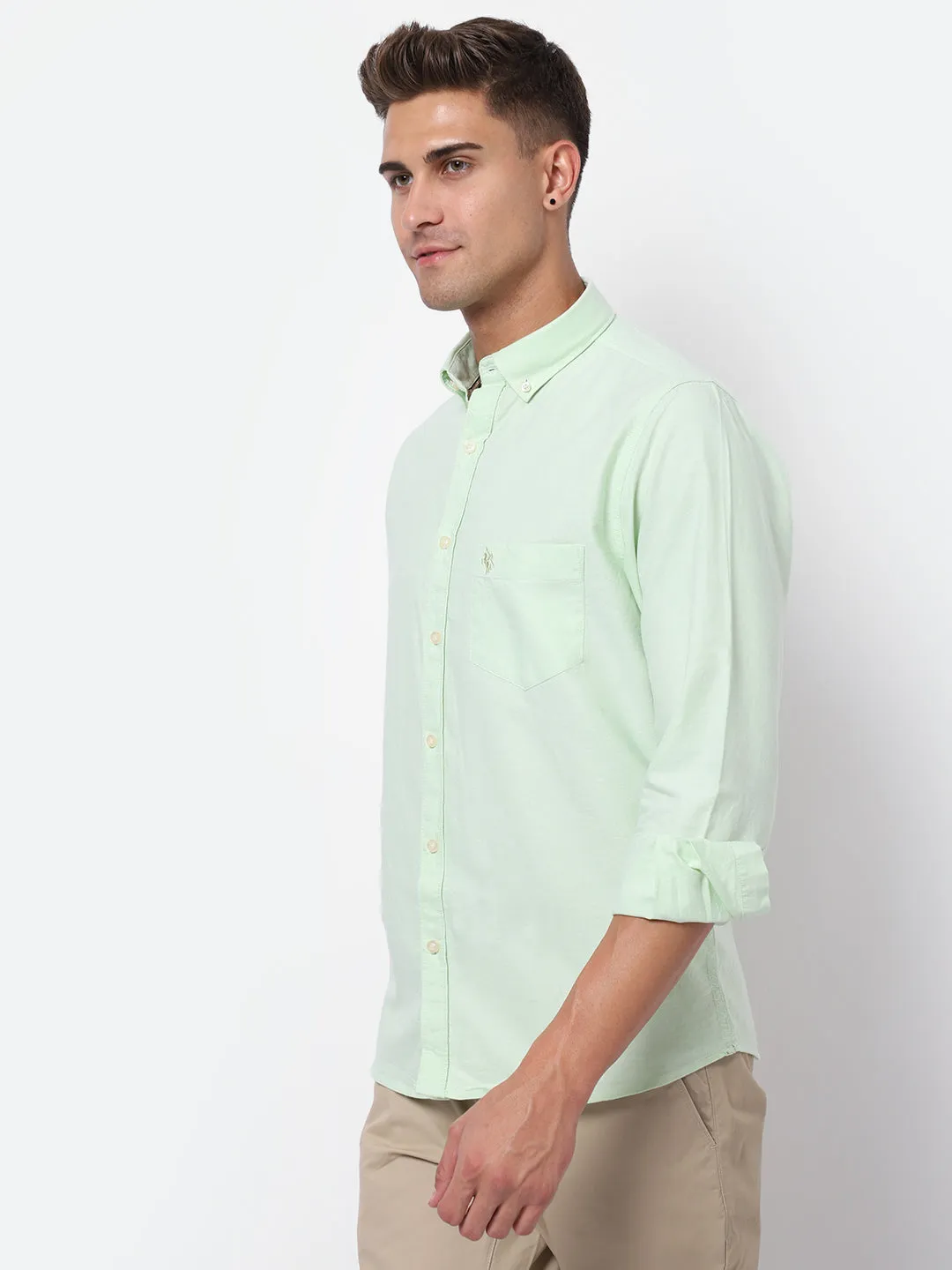 Men's Light Green Casual Plain Full Sleeve Shirt