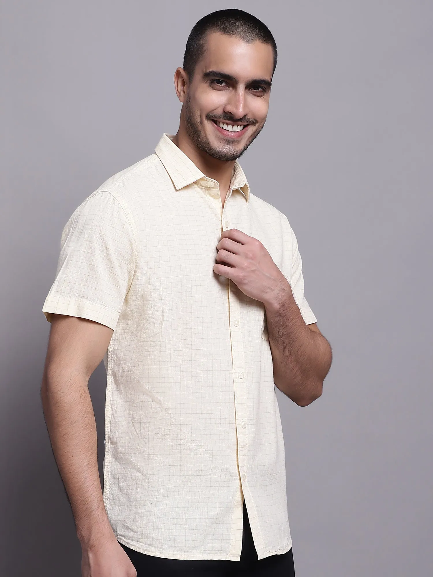 Men's Light Yellow Casual Medium Checks Half Sleeve Shirt