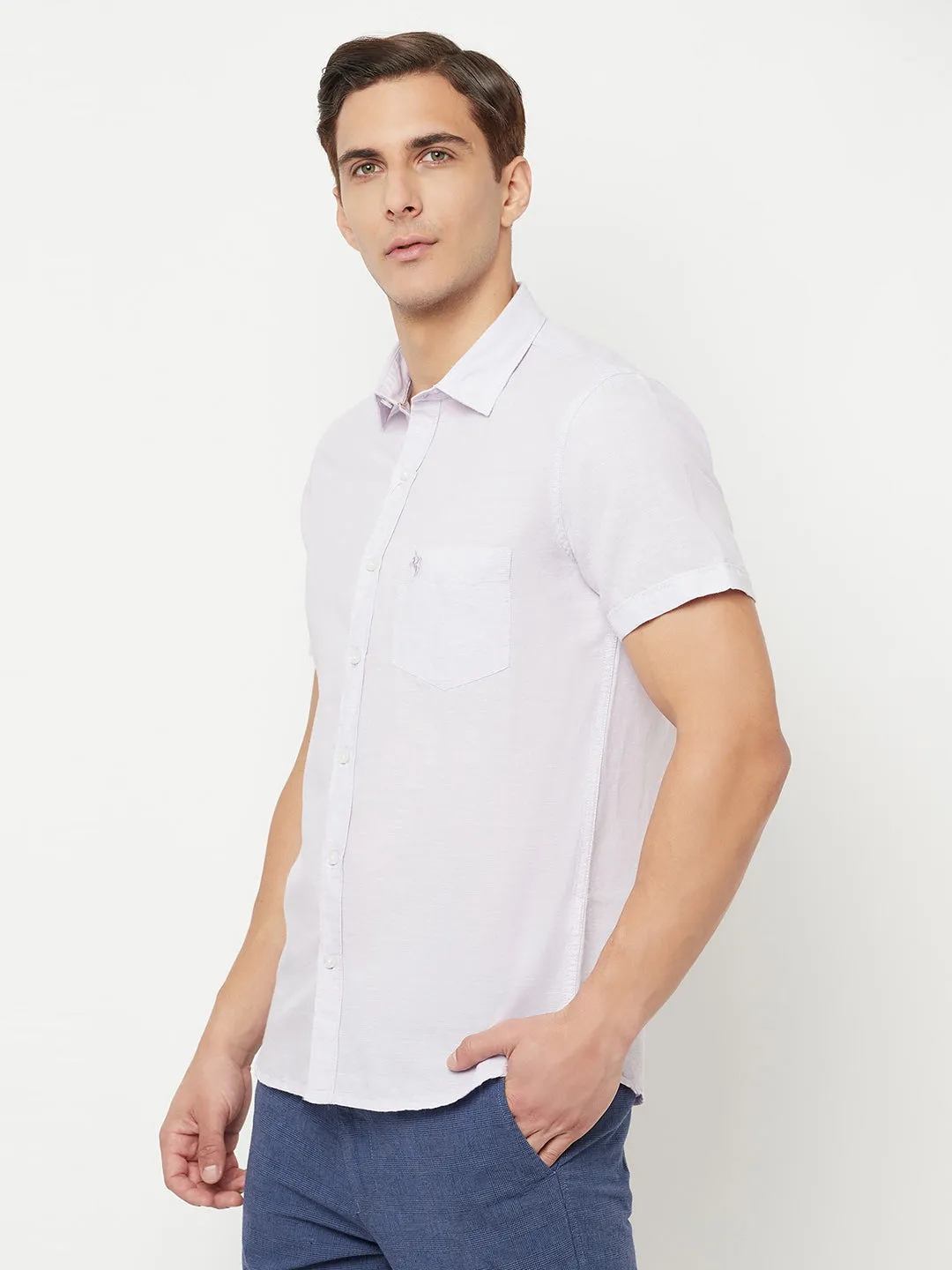 Men's Lilac Casual Plain Half Sleeve Shirt