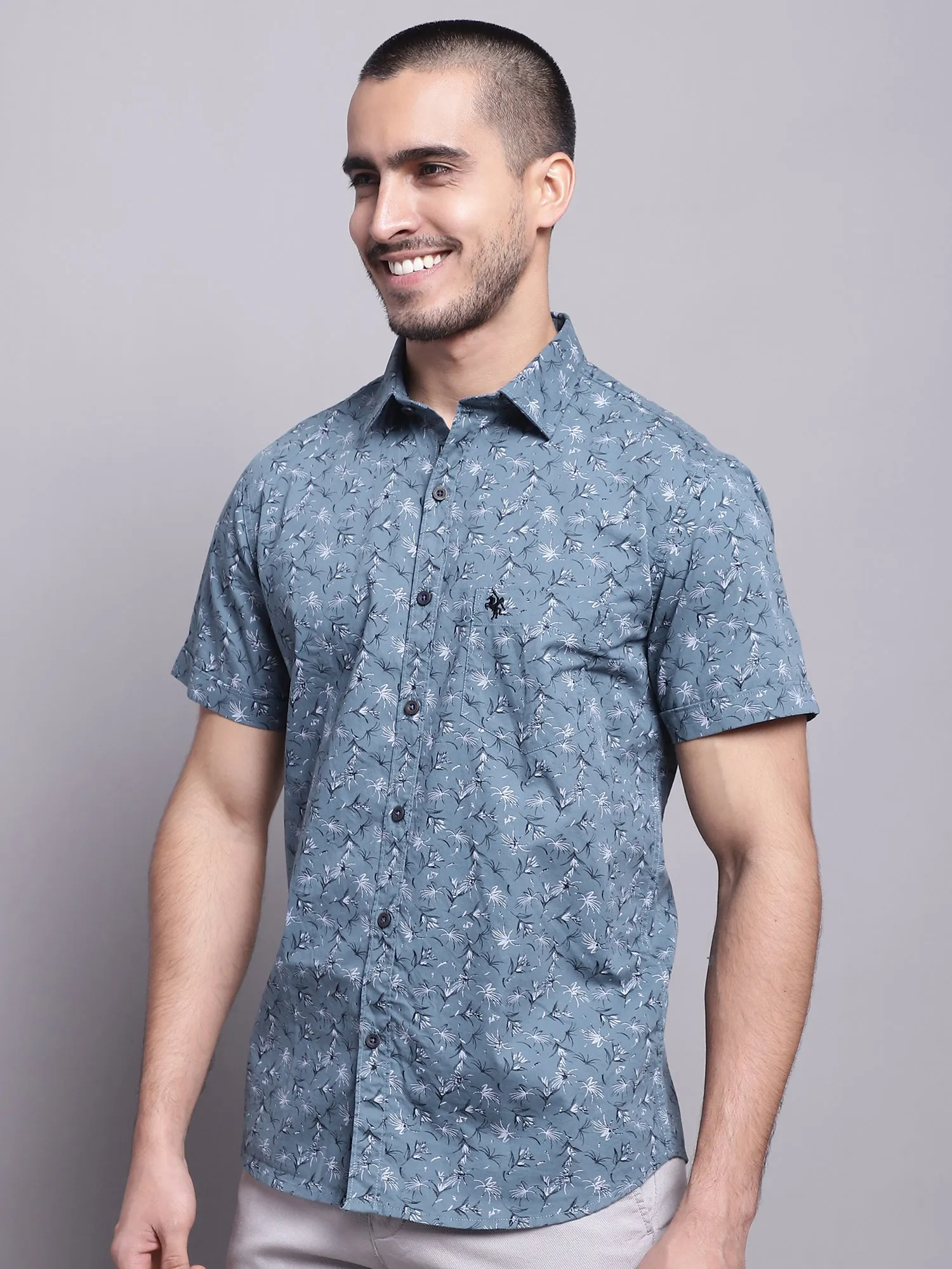 Men's Mid Grey Casual Floral Print Half Sleeve Shirt