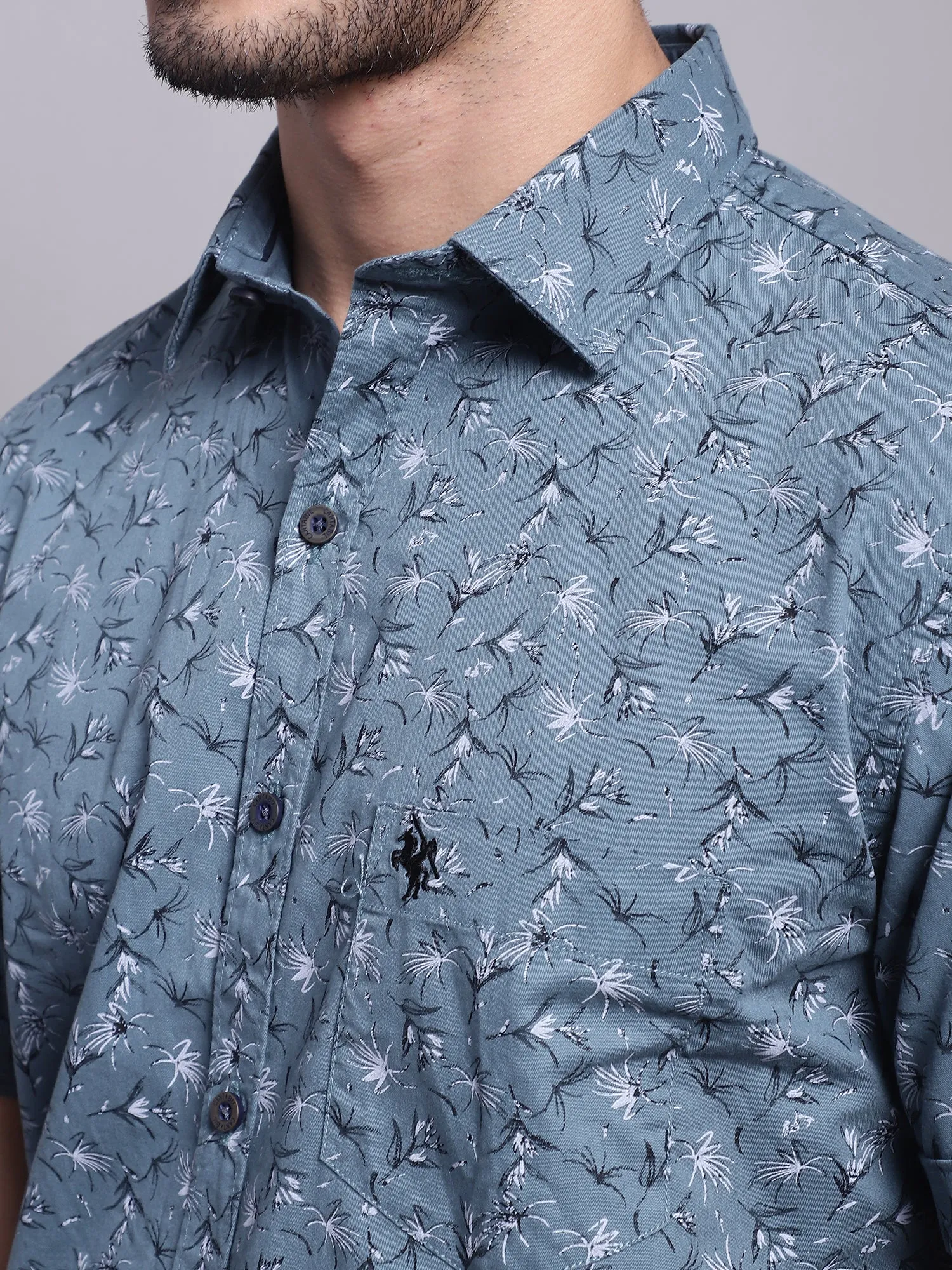 Men's Mid Grey Casual Floral Print Half Sleeve Shirt