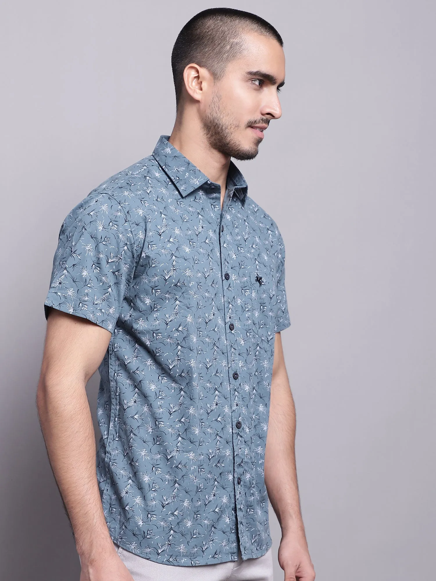 Men's Mid Grey Casual Floral Print Half Sleeve Shirt