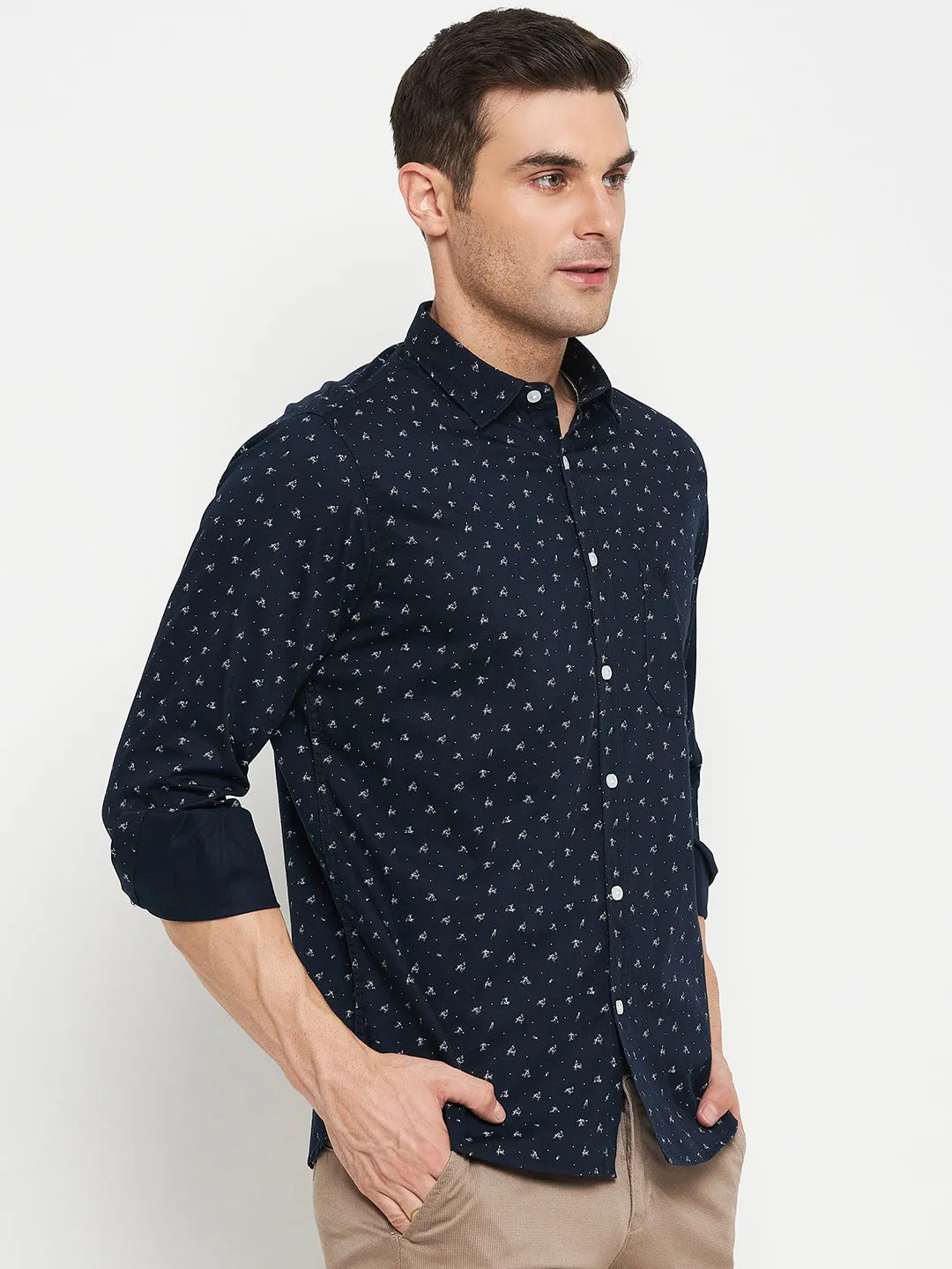 Men's Navy Blue Casual Abstract Ditsy Print Full Sleeve Shirt