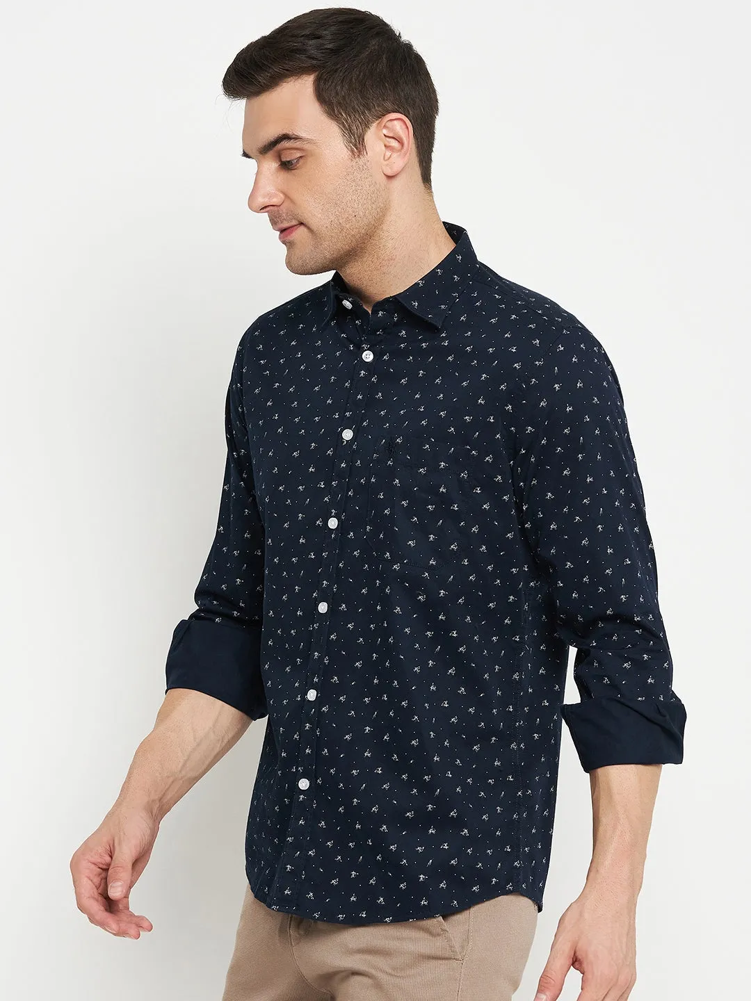 Men's Navy Blue Casual Abstract Ditsy Print Full Sleeve Shirt