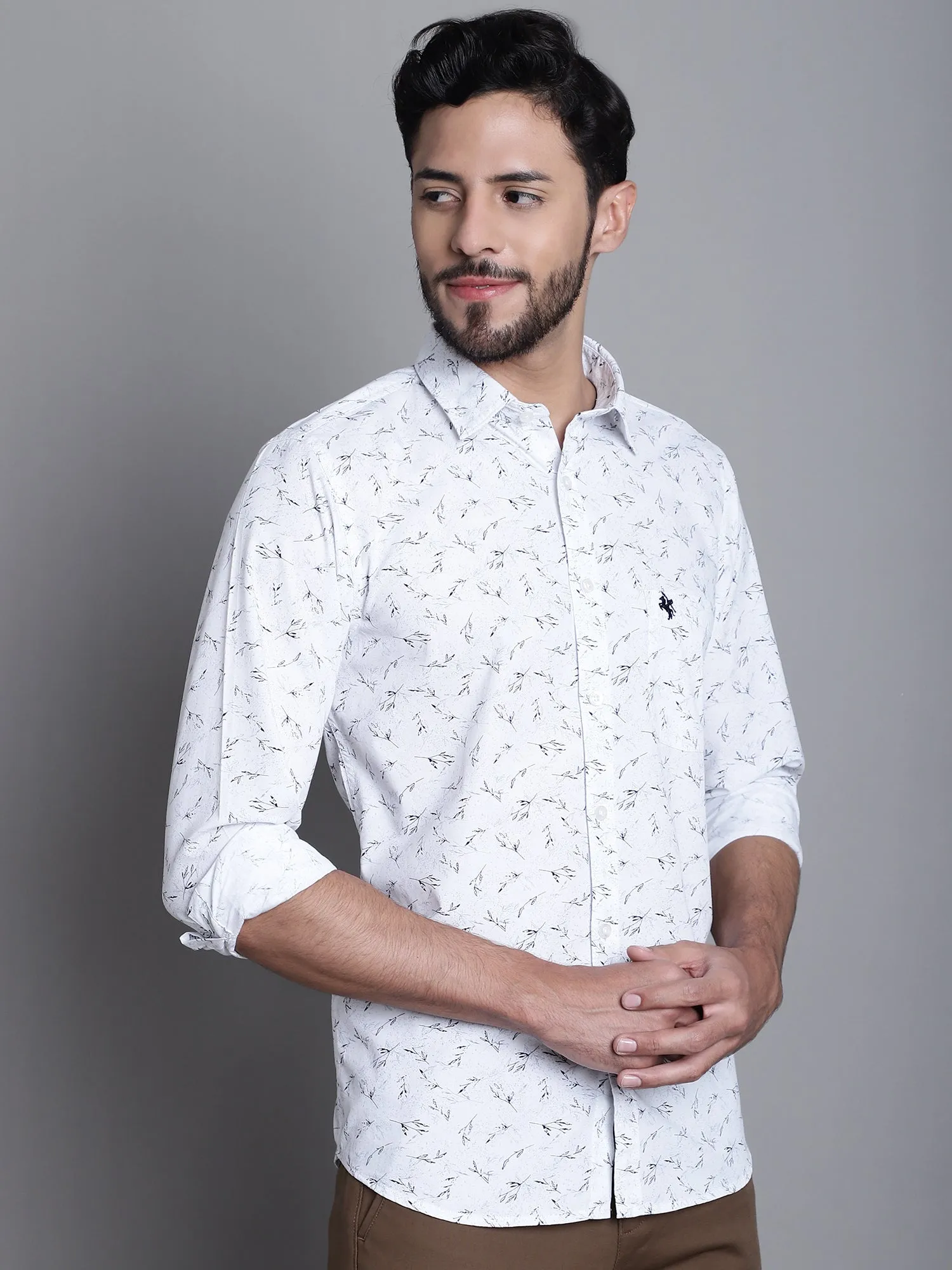 Men's White Casual Floral Ditsy Print Full Sleeve Shirt