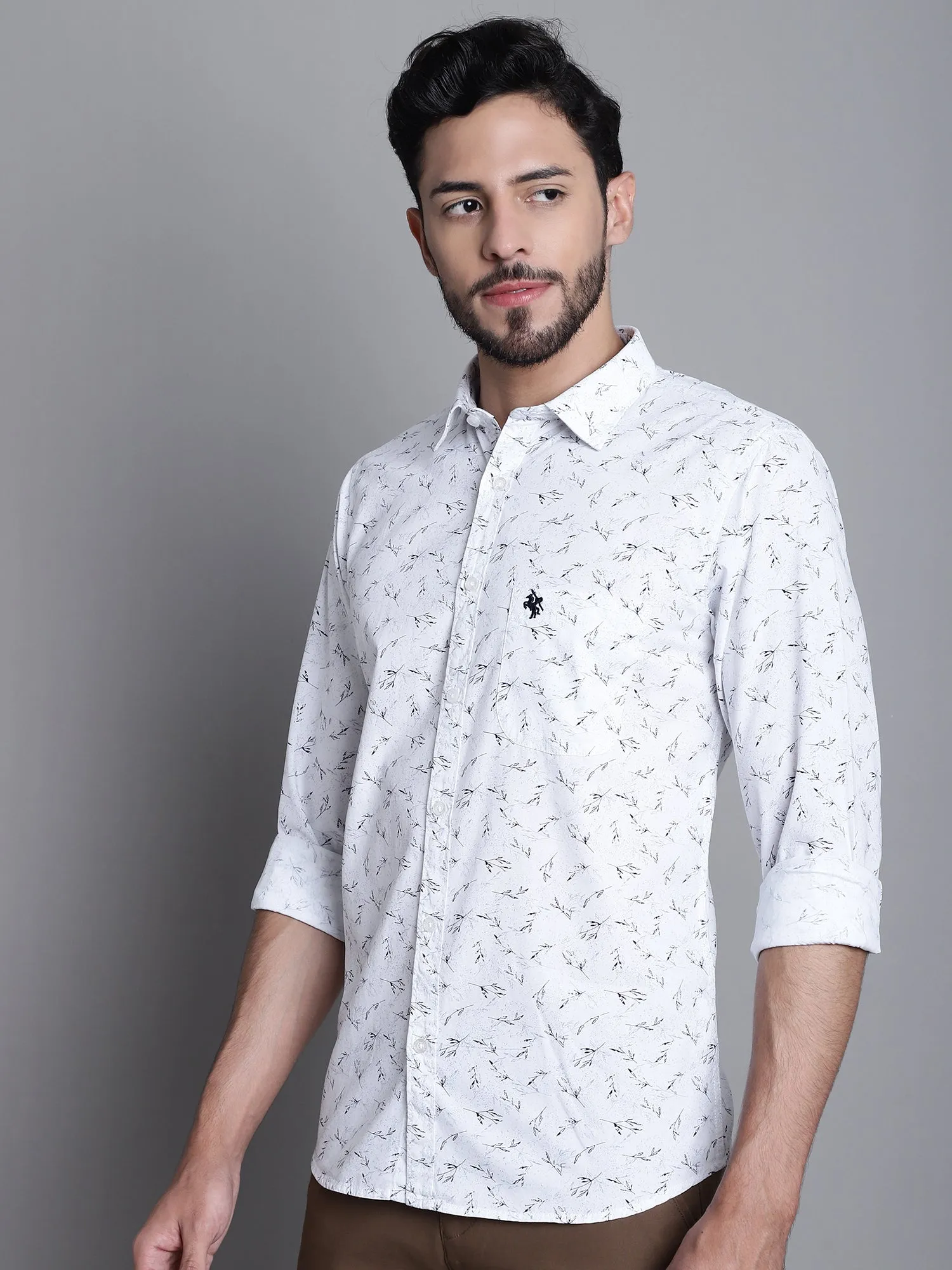 Men's White Casual Floral Ditsy Print Full Sleeve Shirt