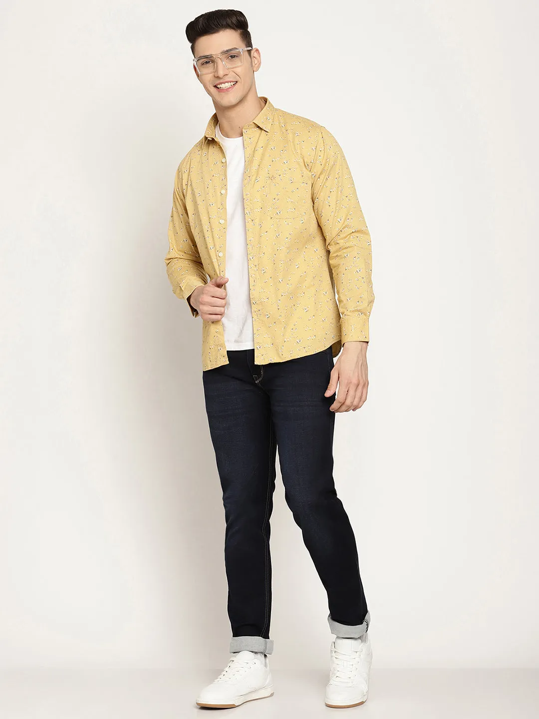 Men's Yellow Casual Floral Print Full Sleeve Shirt