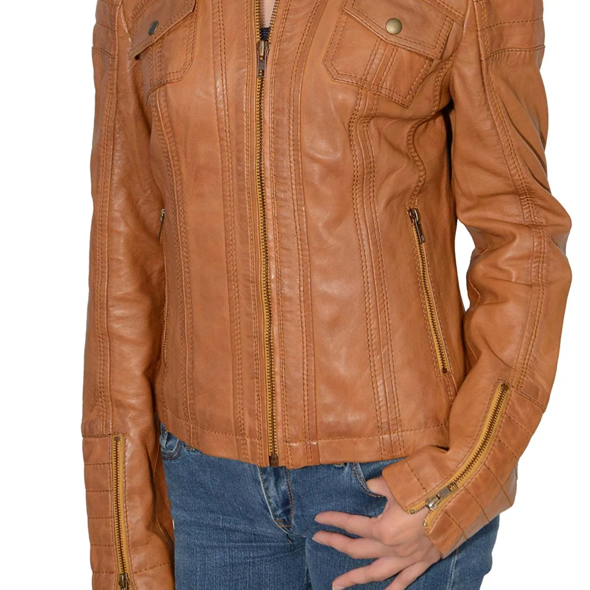 Milwaukee Leather SFL2805 Women's Cognac Quilted Mandarin Collar