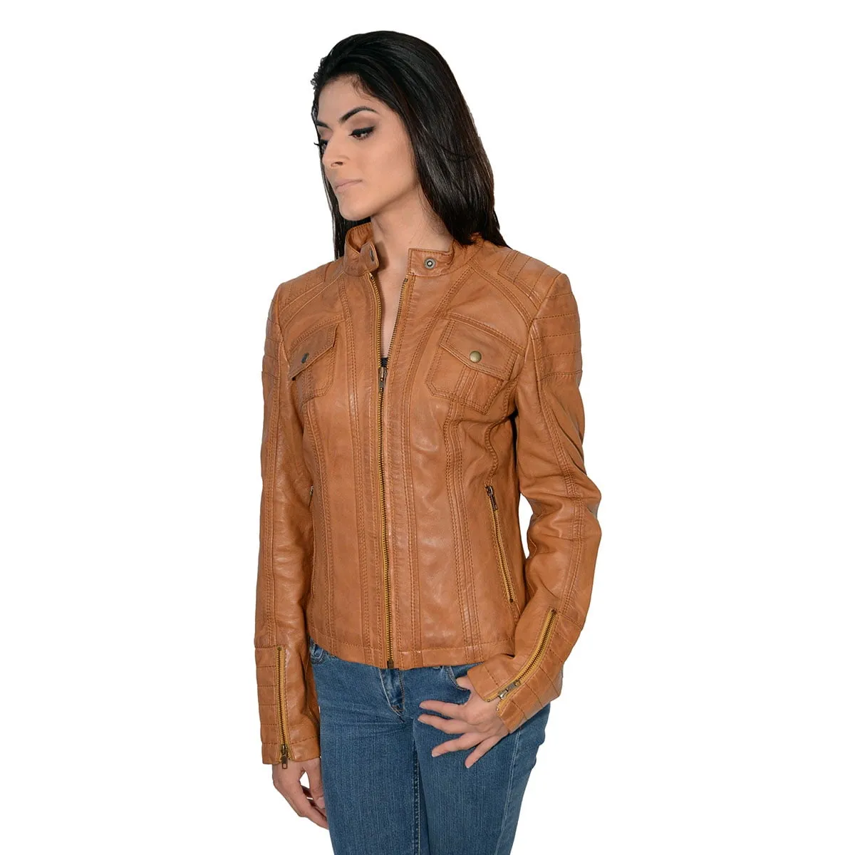 Milwaukee Leather SFL2805 Women's Cognac Quilted Mandarin Collar