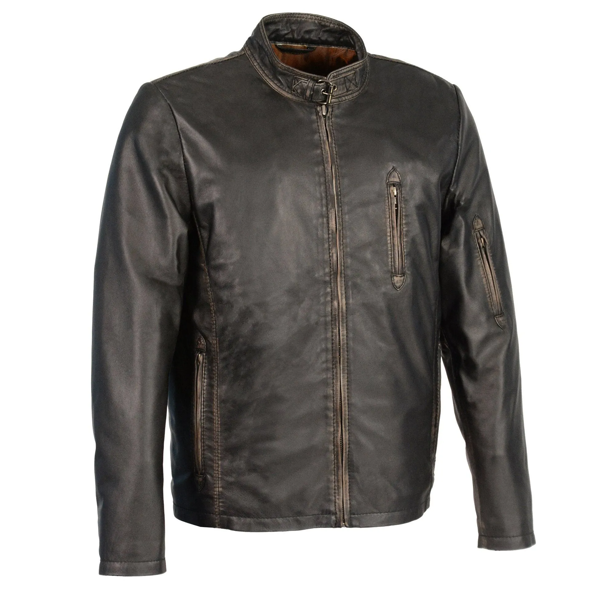 Milwaukee Leather-SFM1855-Men's Black Brown Sheepskin Moto Racer Leather Jacket with Throat Latch