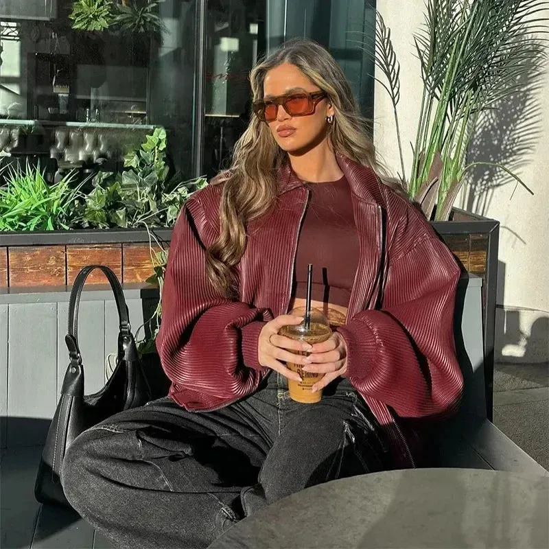 Oversized chic burgundy ladies leather jacket