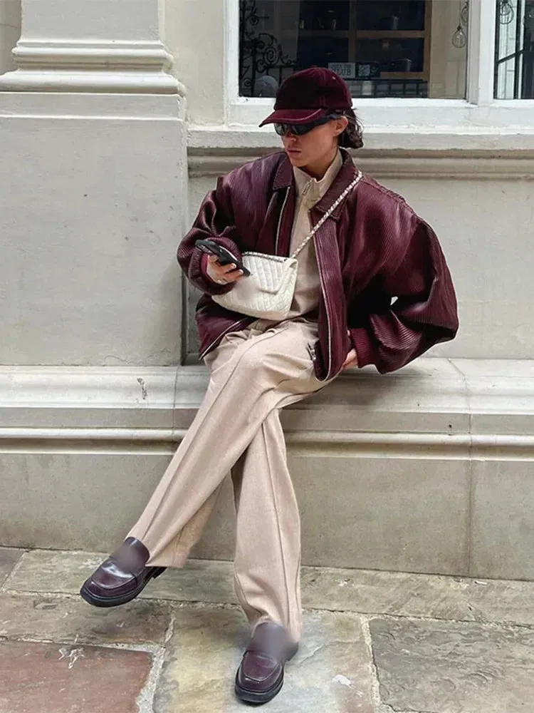 Oversized chic burgundy ladies leather jacket