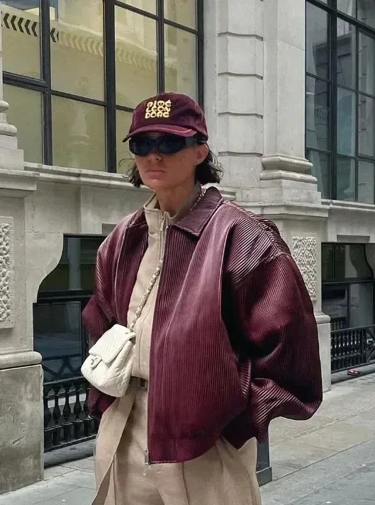 Oversized chic burgundy ladies leather jacket