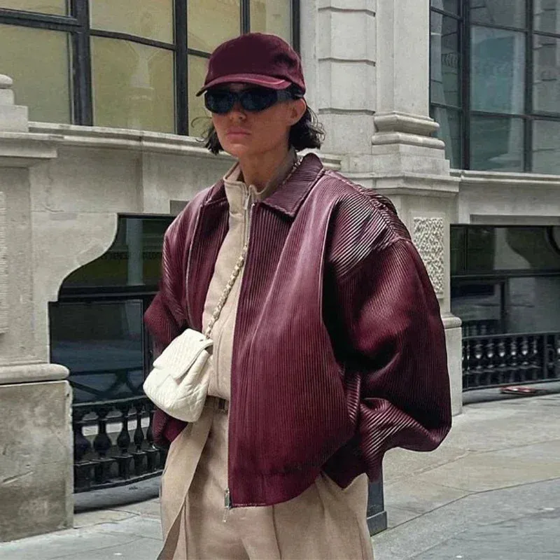 Oversized chic burgundy ladies leather jacket