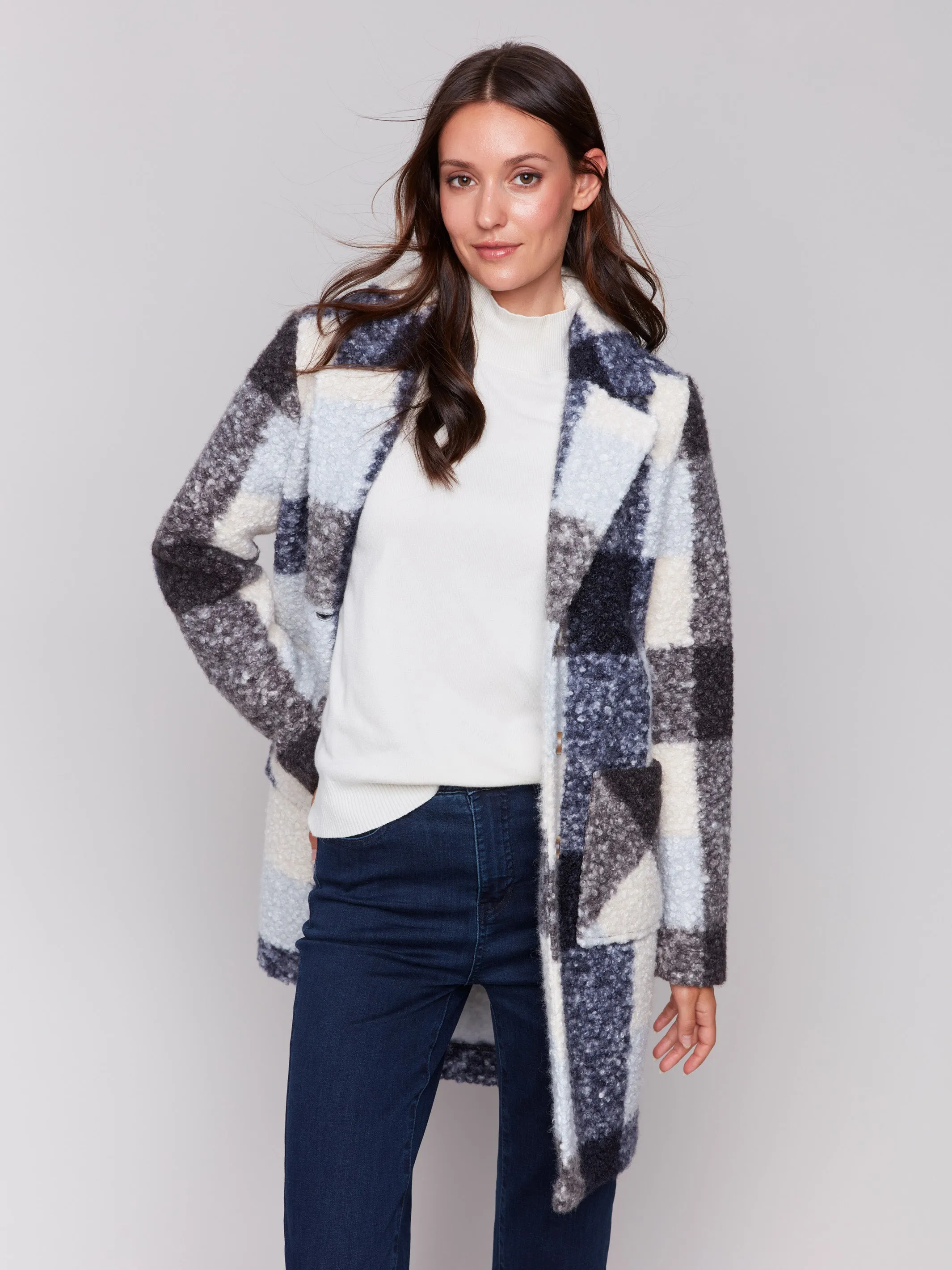 Plaid Bouclé Knit Coat - Navy