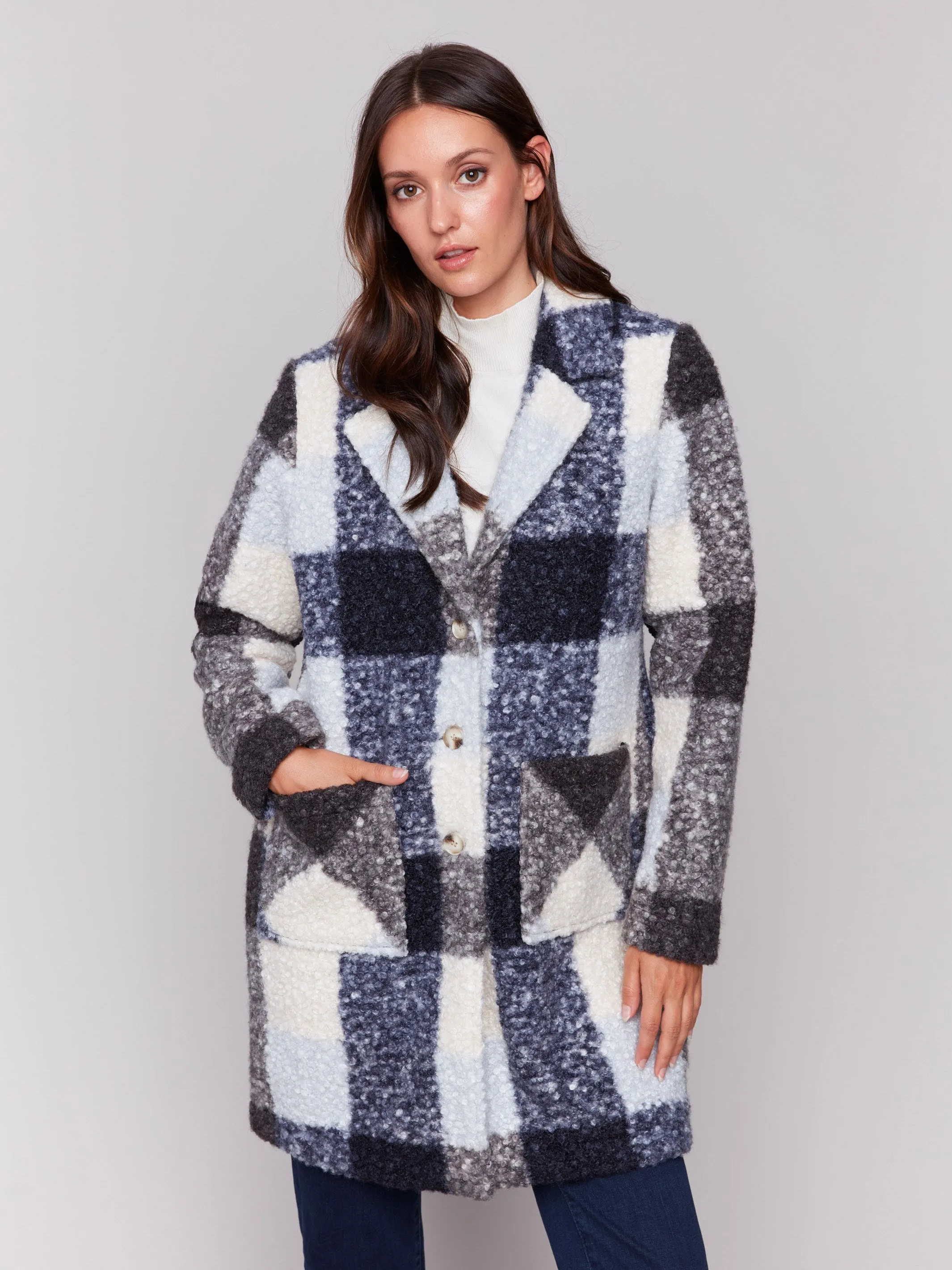 Plaid Bouclé Knit Coat - Navy