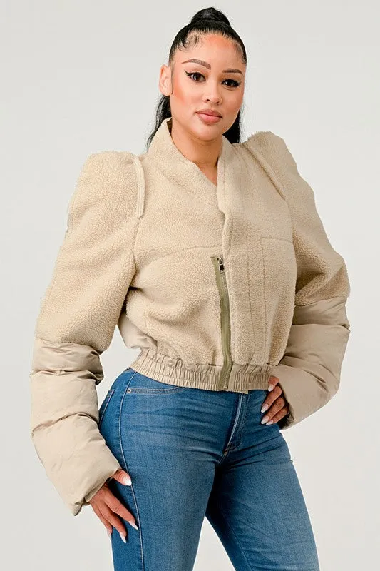 Plush Puff Cream Sleeve Bomber Jacket