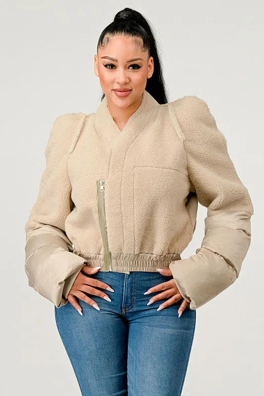 Plush Puff Cream Sleeve Bomber Jacket