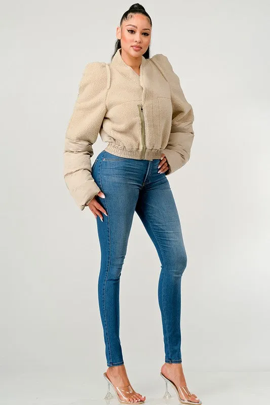 Plush Puff Cream Sleeve Bomber Jacket