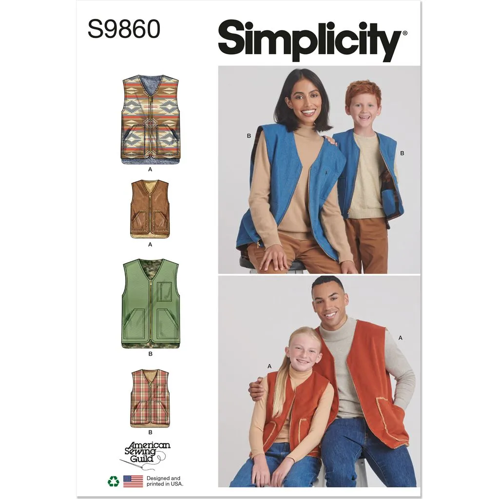 Simplicity Sewing Pattern S9860 Children's, Teens' and Adults' Lined Vests for American Sewing Guild