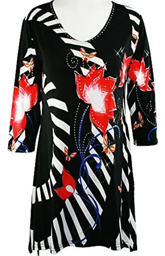 Valentina Signa - Circular Stripes, 3/4 Sleeve Sharkbite Tunic Rhinestone Accent