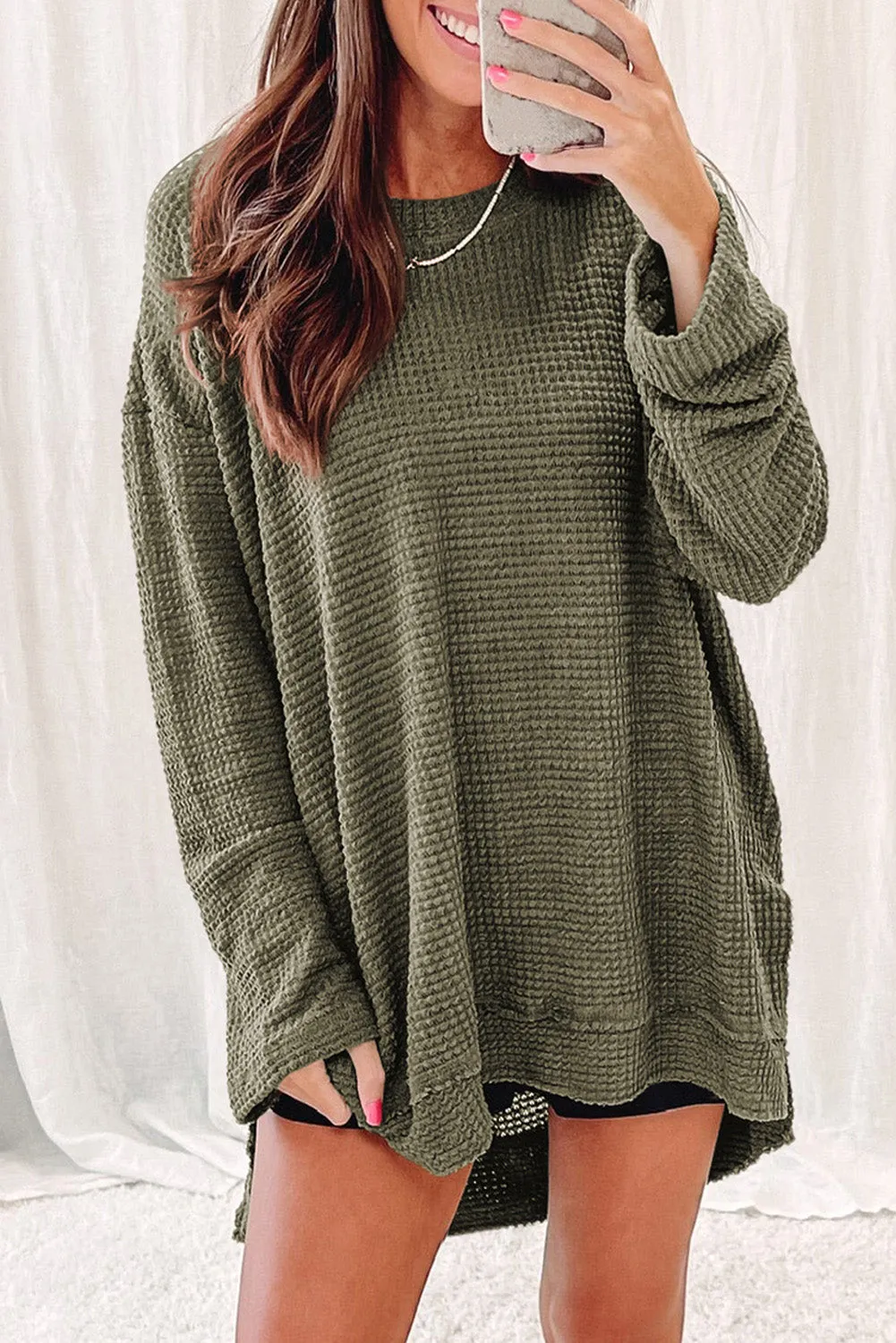 Waffle Knit High Slits Oversized Top