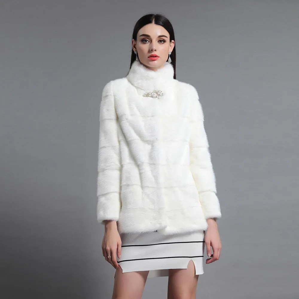 Women's Genuine Mink Fur Coat Women Stand-up Collar Outerwear 161142