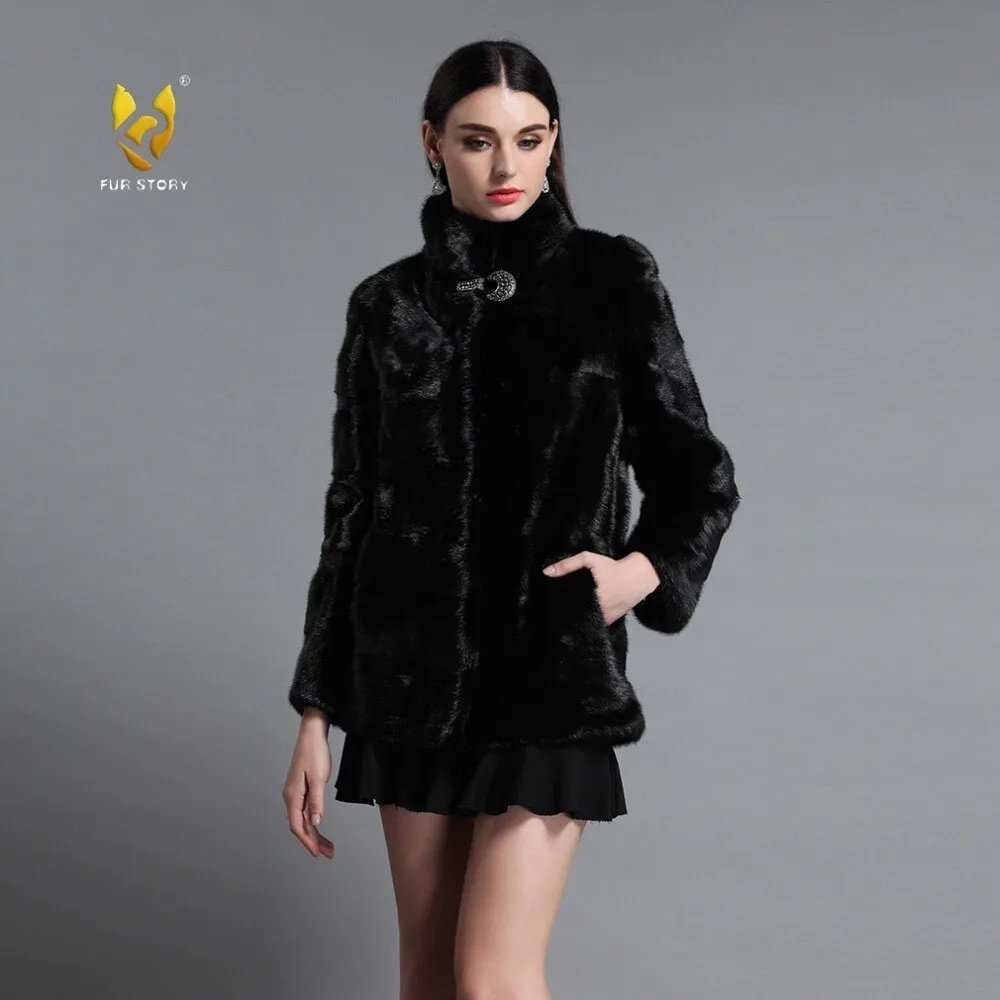 Women's Genuine Mink Fur Coat Women Stand-up Collar Outerwear 161142