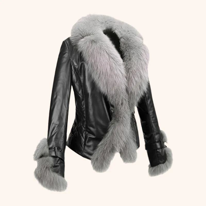 Women's Leather Jacket with Fur Trim