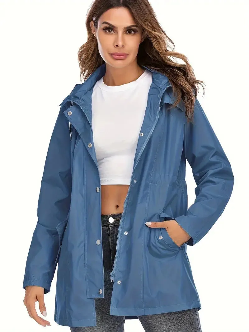 Women's Stylish Mid-length Blue Zip Up Rain Coat with Hood | Ideal for Autumn/Winter