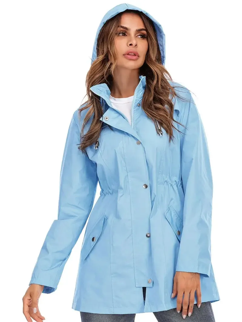 Women's Stylish Mid-length Blue Zip Up Rain Coat with Hood | Ideal for Autumn/Winter