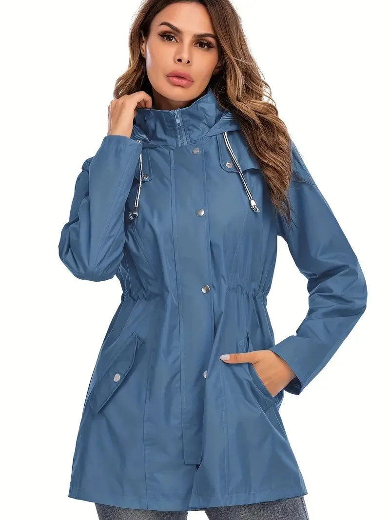 Women's Stylish Mid-length Blue Zip Up Rain Coat with Hood | Ideal for Autumn/Winter