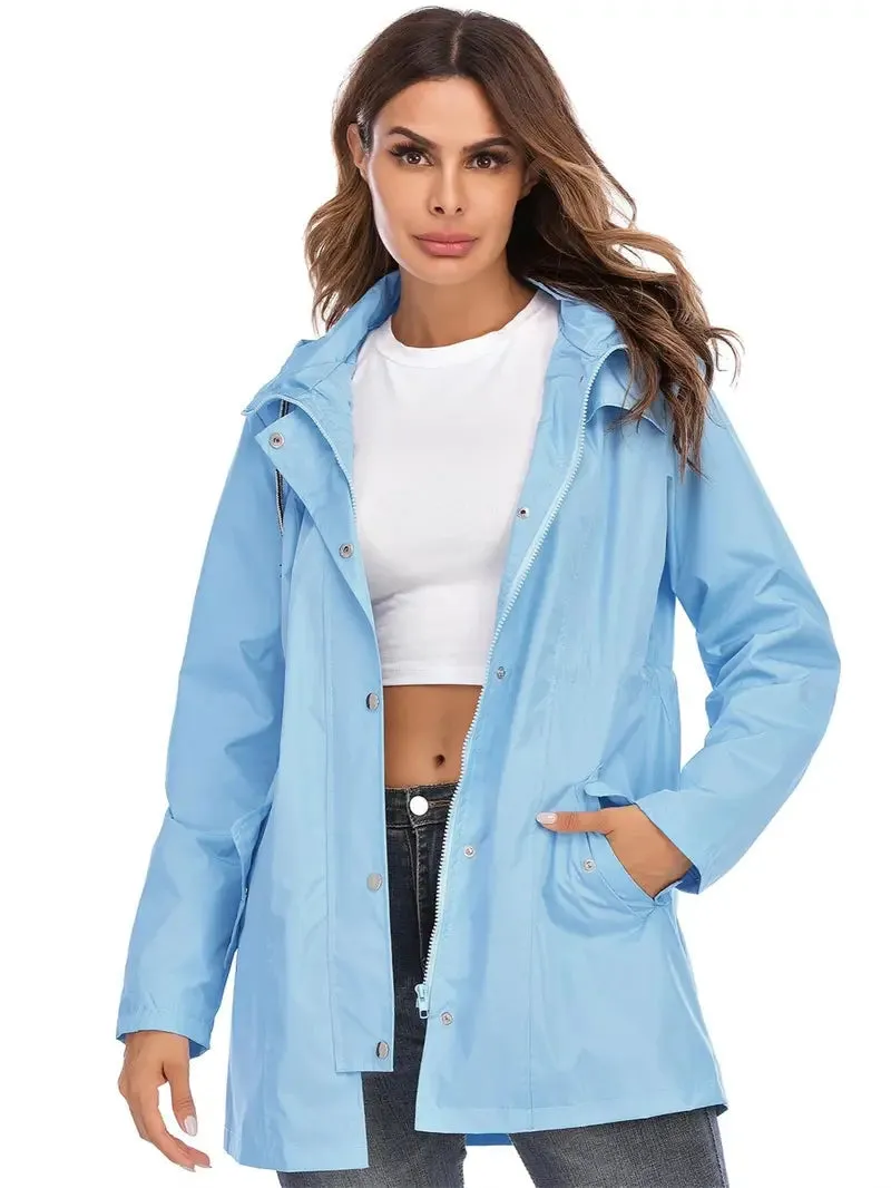 Women's Stylish Mid-length Blue Zip Up Rain Coat with Hood | Ideal for Autumn/Winter