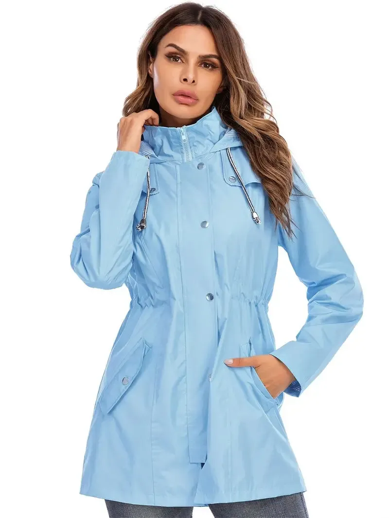 Women's Stylish Mid-length Blue Zip Up Rain Coat with Hood | Ideal for Autumn/Winter