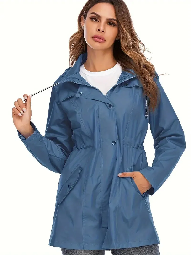 Women's Stylish Mid-length Blue Zip Up Rain Coat with Hood | Ideal for Autumn/Winter