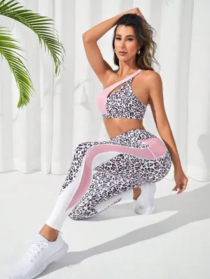 Yoga Trendy Leopard Print One Shoulder Cut Out Sports Set