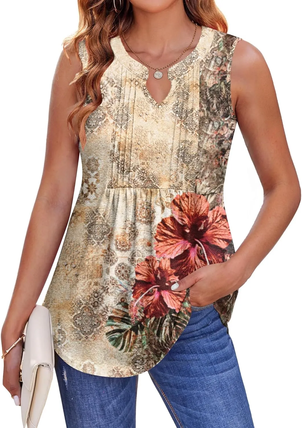 Zeagoo Tank Tops Pleated V Neck Floral Solid Loose Fit Tops